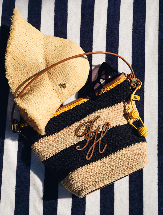 Navy and natural crochet stripe tote with TH monogram