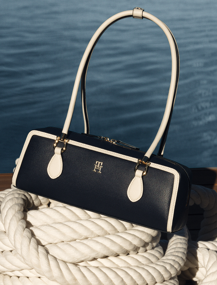 Navy and cream leather shoulder bag with TH monogram